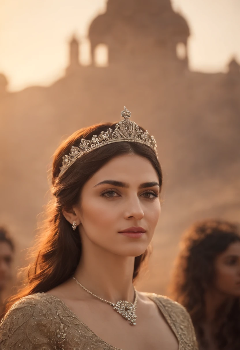 Queen Esther of Persia, with a crown on her head, caracteres hebraico no pingente, corpo suado, sorridente, Etnia Judia, Empire of Syria in the background, master part, melhor qualidade, (Rosto detalhado, Textura detalhada da pele, corpo ultra-detalhado), Realistic, 24 mm, Texturas 4k, DSLR, HDR, Melhor 8K, detalhes insanos, detalhes intrincados, hiperdetalhado, hiper qualidade, grande detalhe, ultra-detalhado, soft  Cinematic Light