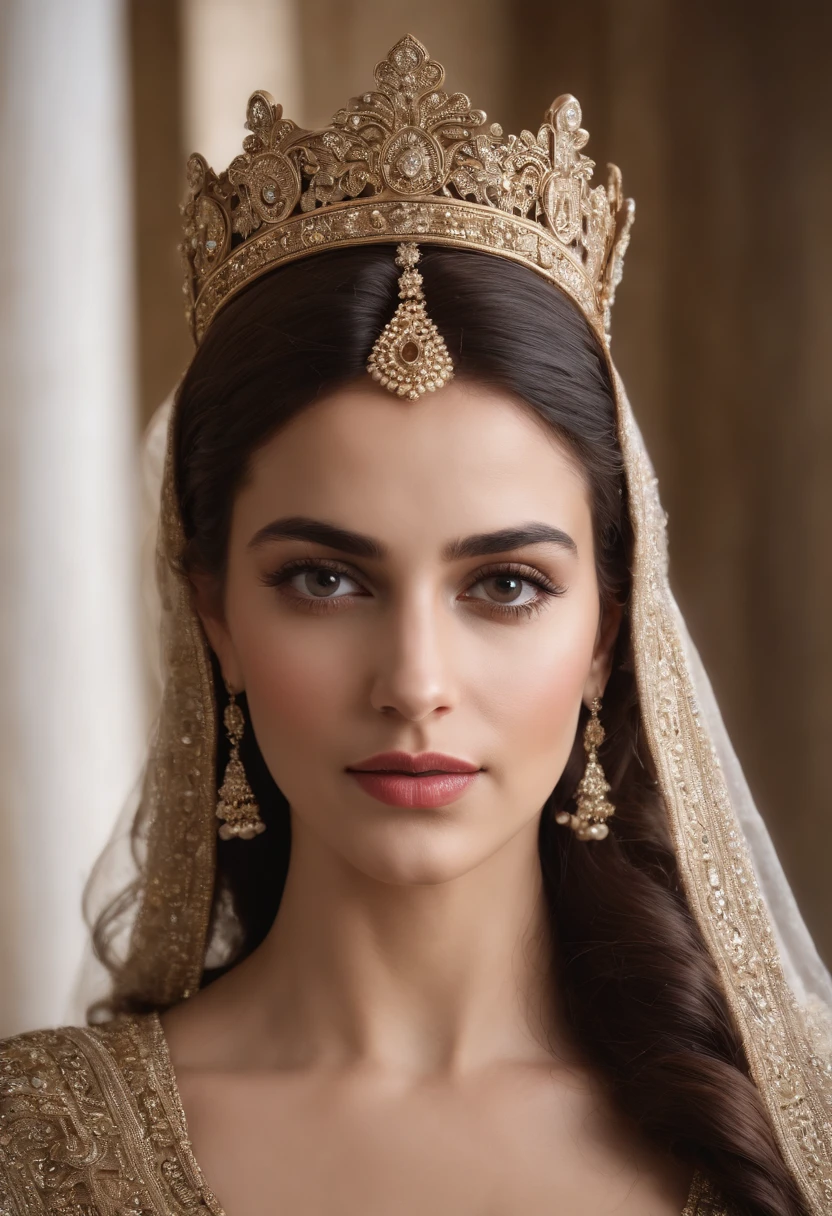 Queen Esther of Persia, with a crown on her head, caracteres hebraico no pingente, corpo suado, sorridente, Etnia Judia, Empire of Syria in the background, master part, melhor qualidade, (Rosto detalhado, Textura detalhada da pele, corpo ultra-detalhado), Realistic, 24 mm, Texturas 4k, DSLR, HDR, Melhor 8K, detalhes insanos, detalhes intrincados, hiperdetalhado, hiper qualidade, grande detalhe, ultra-detalhado, soft Cinematic Light