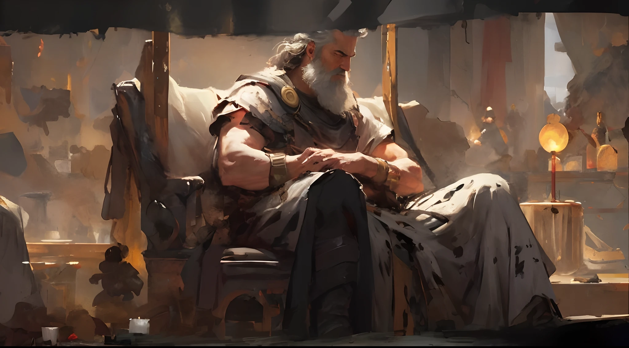 arafed image of a man sitting on a chair in a room, by Aleksander Gine, wojtek fus, art of wlop and greg rutkowski, by Raymond Han, by Adrian Zingg, painted portrait of rugged zeus, concept art of god, by Roman Bezpalkiv, painted portrait of rugged odin, best of artstation