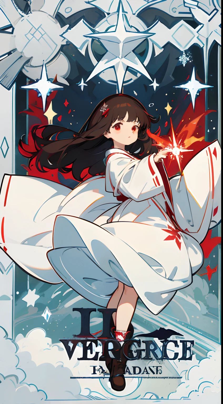Top image quality、ultra-definition、Detail Facial、A detailed eye、A dark-haired、The long-haired、teens girl、CharacterDesignSheet、full body Esbian、red eyes、Ruby-like eyes、beautidful eyes、white robes、Big magic wand、Red snowflake、holding a magic wand、The red magic square behind、Snowflakes are dancing、1 girl、wearing black boots、Ocean wind、sorcerer