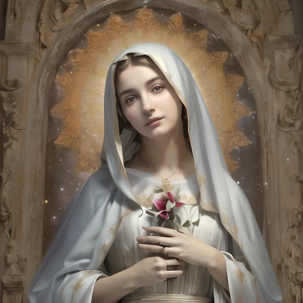 (((Santa Virgem Maria. 19 anos estilo olinetic))) ((( With a serious and pious face. Com um olhar doce e terno))) (obra prima, qualidade superior, melhor qualidade, Arte Oficial, Beautiful and Aesthetic: 1.2), (1girl), extremamente detalhado, (Arte Fractal: 1.3), Colouring, mais alto detalhado, rosto perfeito, parte superior do corpo, HDR, (Rezando: 1.3), (linhas douradas de pelagem branca: 1.2), galaxy, (listras leves), visuais atraentes, (dynamic stripes, Trilhas luminosas: 1.2), Cores vibrantes,