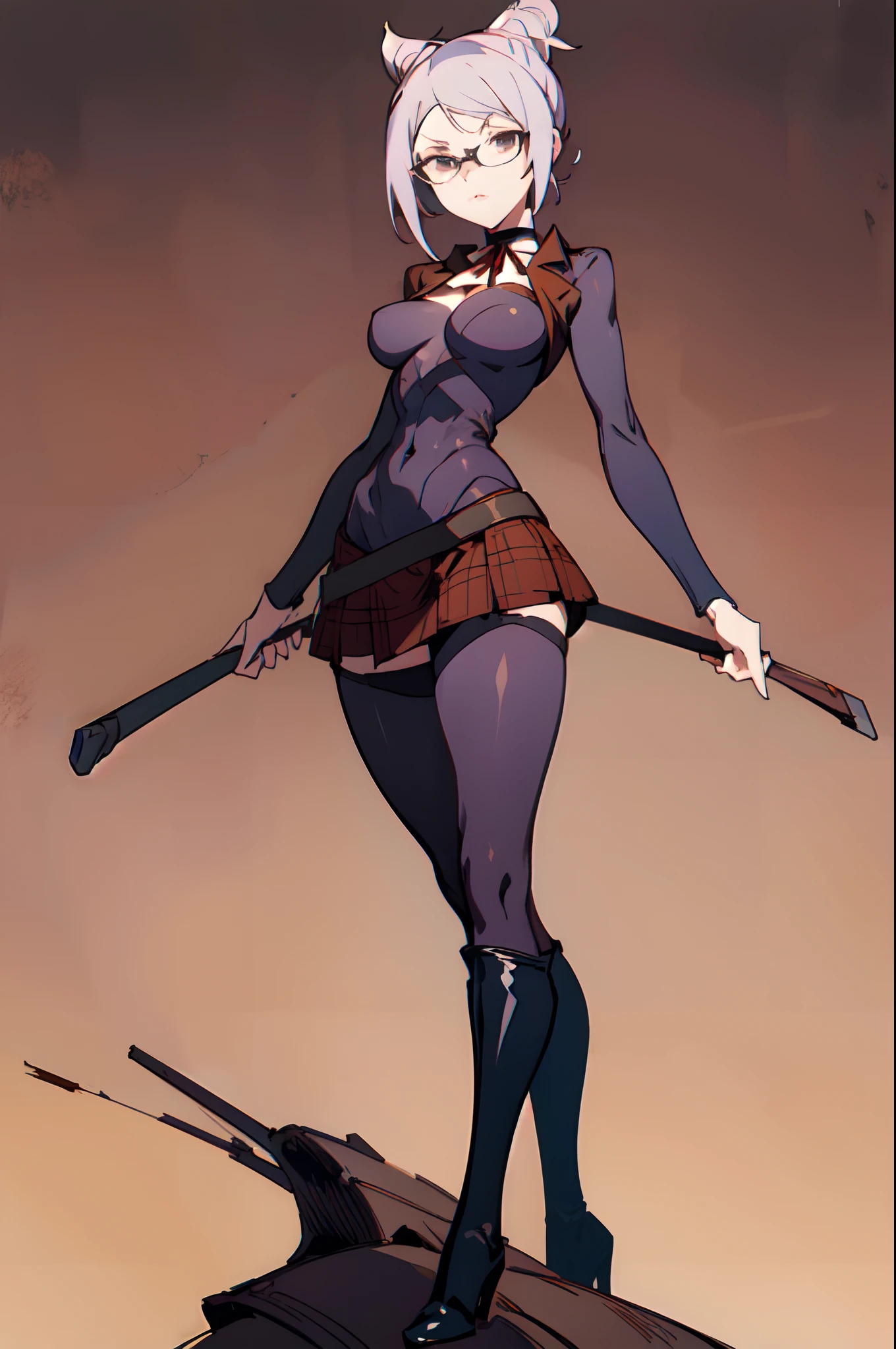 LWA 1girl as shiraki meiko,hair bun, glasses,school uniform, black thighhighs, plaid skirt, knee boots, ribbon choker, brown jacket black bodysuit, midriff, detailed eyes, detailed face, detailed skin,mature body, seductive body,large breast, medium thigh, reduced color palette, heavy lines, contrast, pastel colors, in LWA anime style