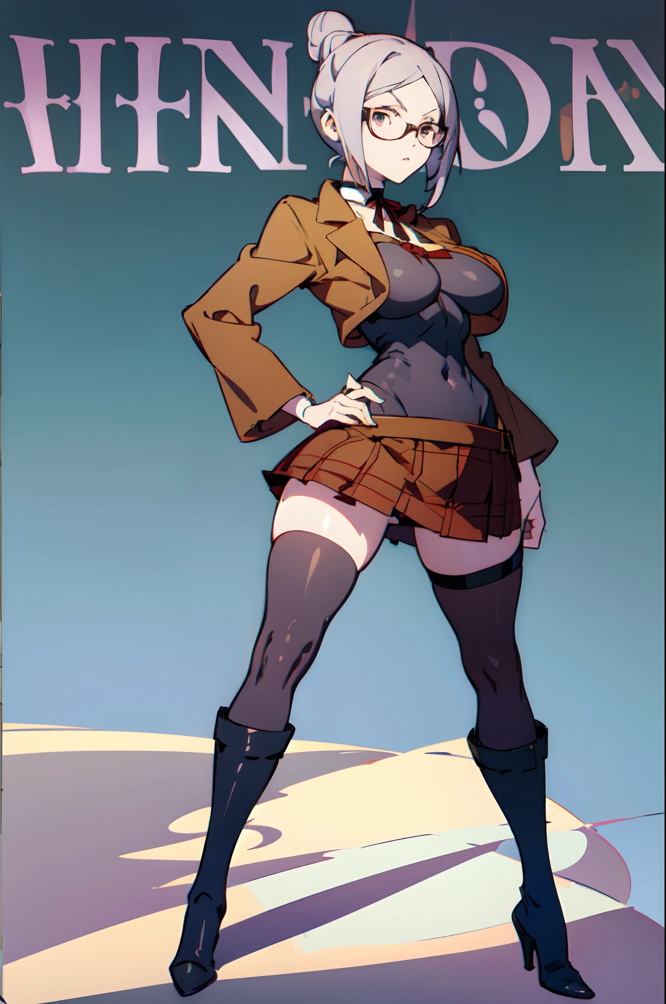 LWA 1girl as shiraki meiko,hair bun, glasses,school uniform, black thighhighs, plaid skirt, knee boots, ribbon choker, brown jacket black bodysuit, midriff, detailed eyes, detailed face, detailed skin,mature body, seductive body,large breast, medium thigh, reduced color palette, heavy lines, contrast, pastel colors, in LWA anime style