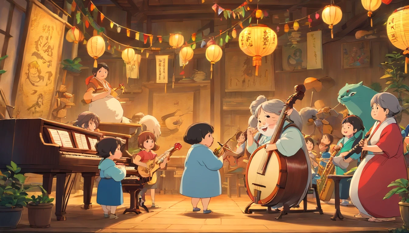 A chubby Zhuang aunt is playing a musical instrument,Surrounded by curious children。