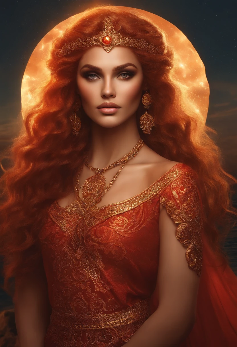 ( High quality , ultra detailed to hand ) ( careful hand ) Zodiac sign- Aries goddess , similar to latin goodness , Brave ,willful ,productive ,enterprising and humanitarian face . Moody, impulsive, impatient, assertive style . sunset reddish hair , transparent dress , in the ocean with sun , whole body , crystal fire eyes ( eye detailed ) . strong powerful make up look . Fire goddess .