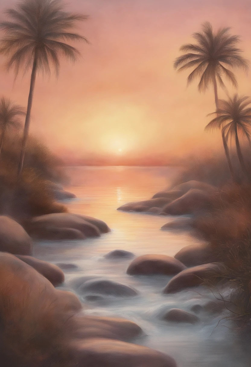 Painting of a sunset over a river with palm trees and rocks - SeaArt AI