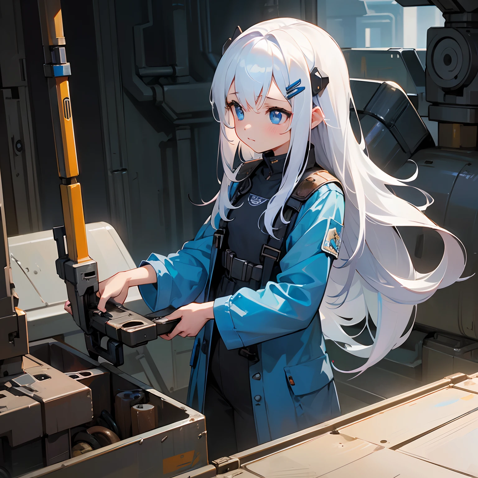 (best quality,1girl,sci-fi,mechanic:1.1,solo:1.1,small chest,blue eyes,hair clip,long white hair),holding wrench,fixing machine,surprised by oil leak,oil on clothing