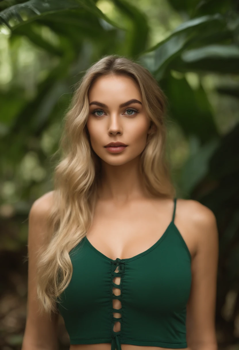 Green tank top, fille sexy aux yeux vert, Portrait Sophie Mudd, Portrait de Corinna Kopf, portrait de Charly Jordan, cheveux blonds et grands yeux, selfie of a young woman, ohne Maquillage, Natural Makeup with Piercing Eyes, Look directly into the camera, Visage avec Artgram, dezentes Maquillage, Superbe photo du corps entier, in a jungle pool setting Thailand, gros seins, Blonde, corps mannequin, Fine, well-defined eyebrow