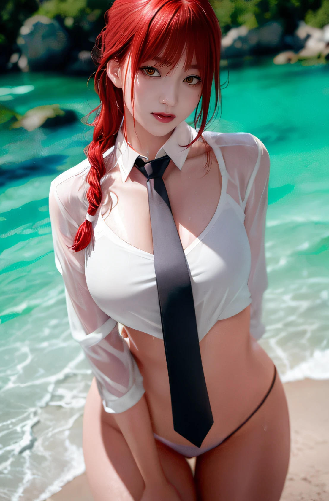 masterpiece, (photorealistic:1.4), best quality, beautiful lighting,
(ulzzang-6500:0.5), makima \(chainsaw man\), (red hair)+(long braided hair)+(bangs), yellow eyes, golden eyes, ((ringed eyes)), (white shirt), (necktie),
RAW photo, 8k uhd, film grain, blush, LIPS, seductive look, wet body, smile, wet hair, BEACH