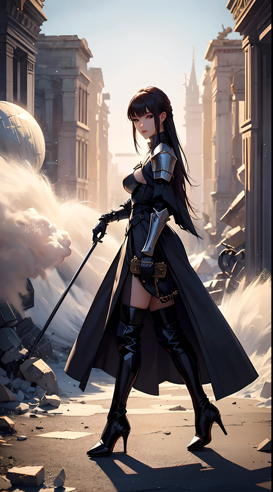Pretty women、20yr old、a woman in armor、Solo、Black Dress Armor、high heels boots、Full body portrait、From Side、Woman knight、Slender body、robe、Perfect face and nice perfect face、Surreal concept、8K分辨率、photographic quality、Walk through the ruins、Photorealistic、A detailed eye、Smile、of the highest quality、