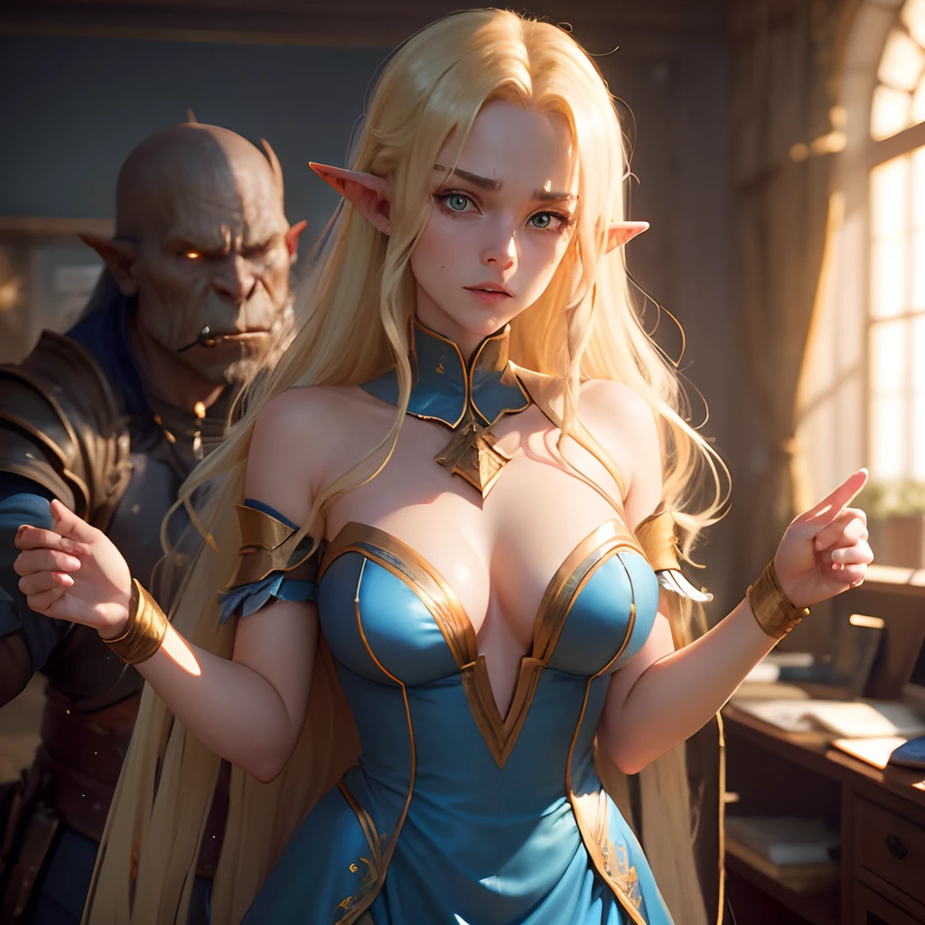 Outraged 20-year-old blonde elf girl with long wavy hair and blue eyes, in a blue dress with gold embroidery. 1 orc, green skin, in leather clothes. An argument with an orc in the office. Orc Thugs, She breaks free from his embrace. delicate detail. ultra details. Highly detailed characters.