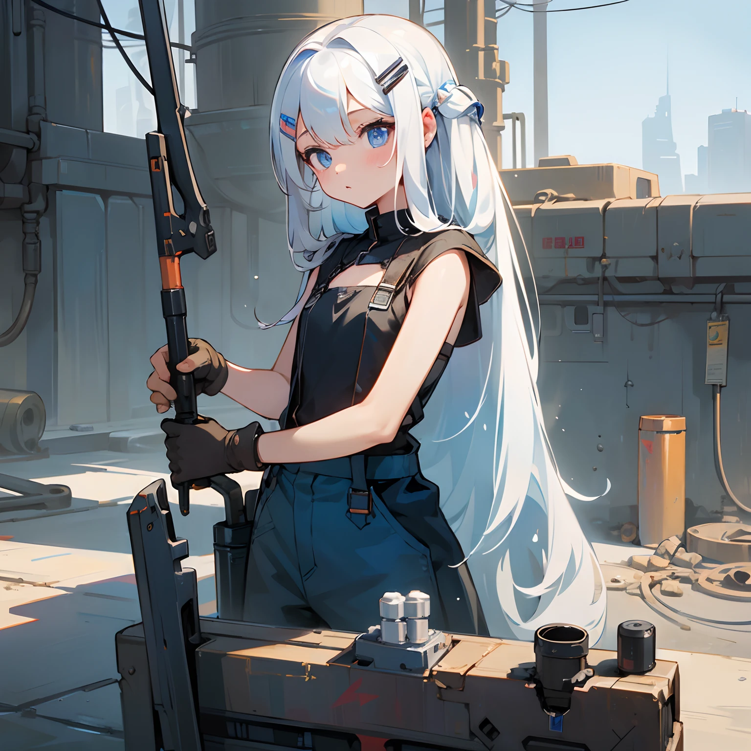 (best quality,1girl,sci-fi,mechanic:1.1,solo:1.1,small chest,blue eyes,hair clip,long white hair),holding wrench,fixing machine,surprised by oil leak,oil on clothing