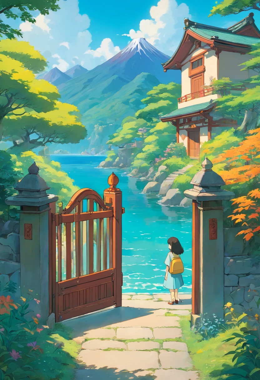 inthe style of tranquil gardenscapes, Animated color photos, Masami Teraoka, aquamarine, Paul Gauguin, Amber style, Honest portrait,Yard gate,In front is mountains and water
