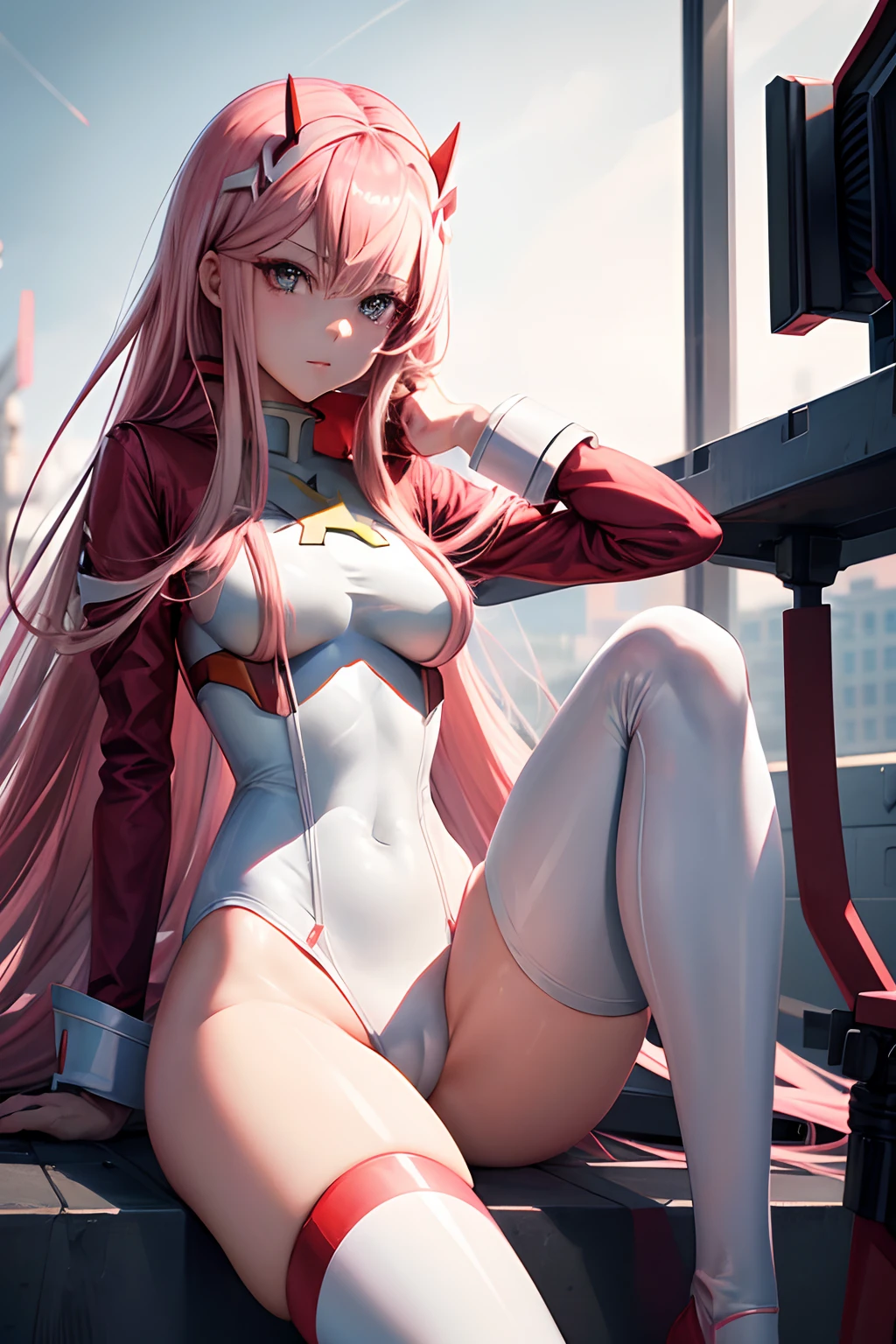 zero_two, (darling_in_the_franxx), 1girl, absurdres, high res, extremely detailed ultrasharp, 8K, masterpiece, looking at viewer, thighs, breasts, pink hair, pair of horns, long hair, makeup, pilot outfit, red bodysuit with white details