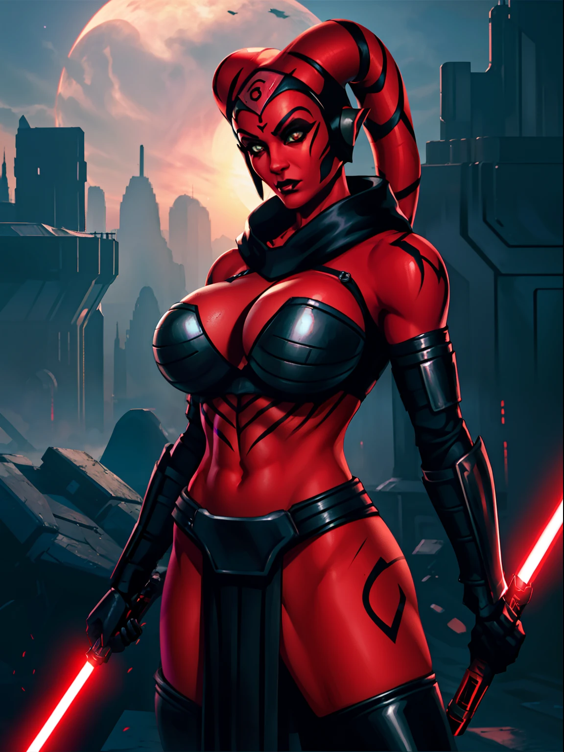 armor, busty, ((red skin), twi'lek), dual red lightsabers, evil space knight, space ninja, (wearing black robes, black stealth armor, breastplate, tunic, tabard, cowl, cloak, body glove, straps, buckles, skirts, long sleeves, fantasy, ((armor))), ((busty), slender body, thin, slim sexy body, slim waist, ((gigantic breasts))), Imperial starship, Star Wars,