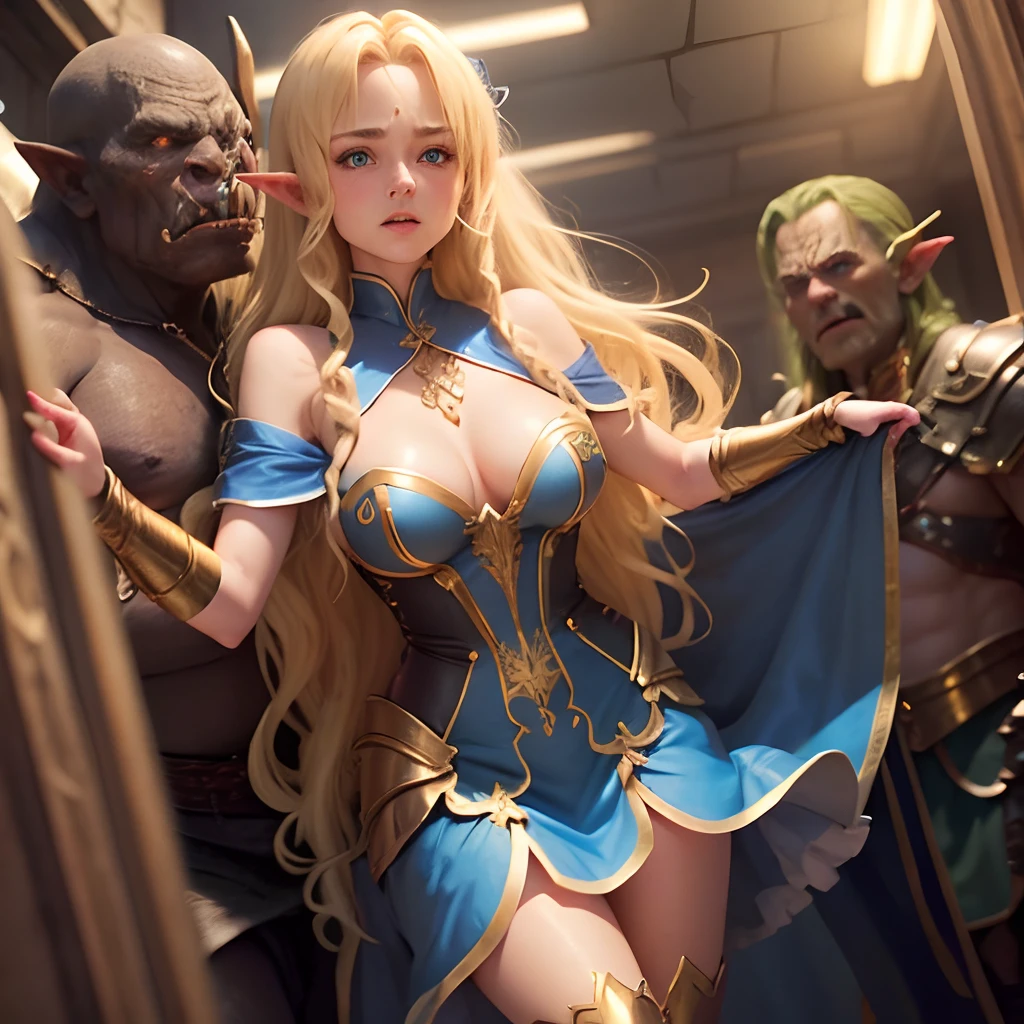Outraged 20-year-old blonde elf girl with long wavy hair and blue eyes, in a blue dress with gold embroidery. 1 orc, green skin, in leather clothes. An argument with an orc in the office. Orc Thugs, She breaks free from his embrace. delicate detail. ultra details. Highly detailed characters.