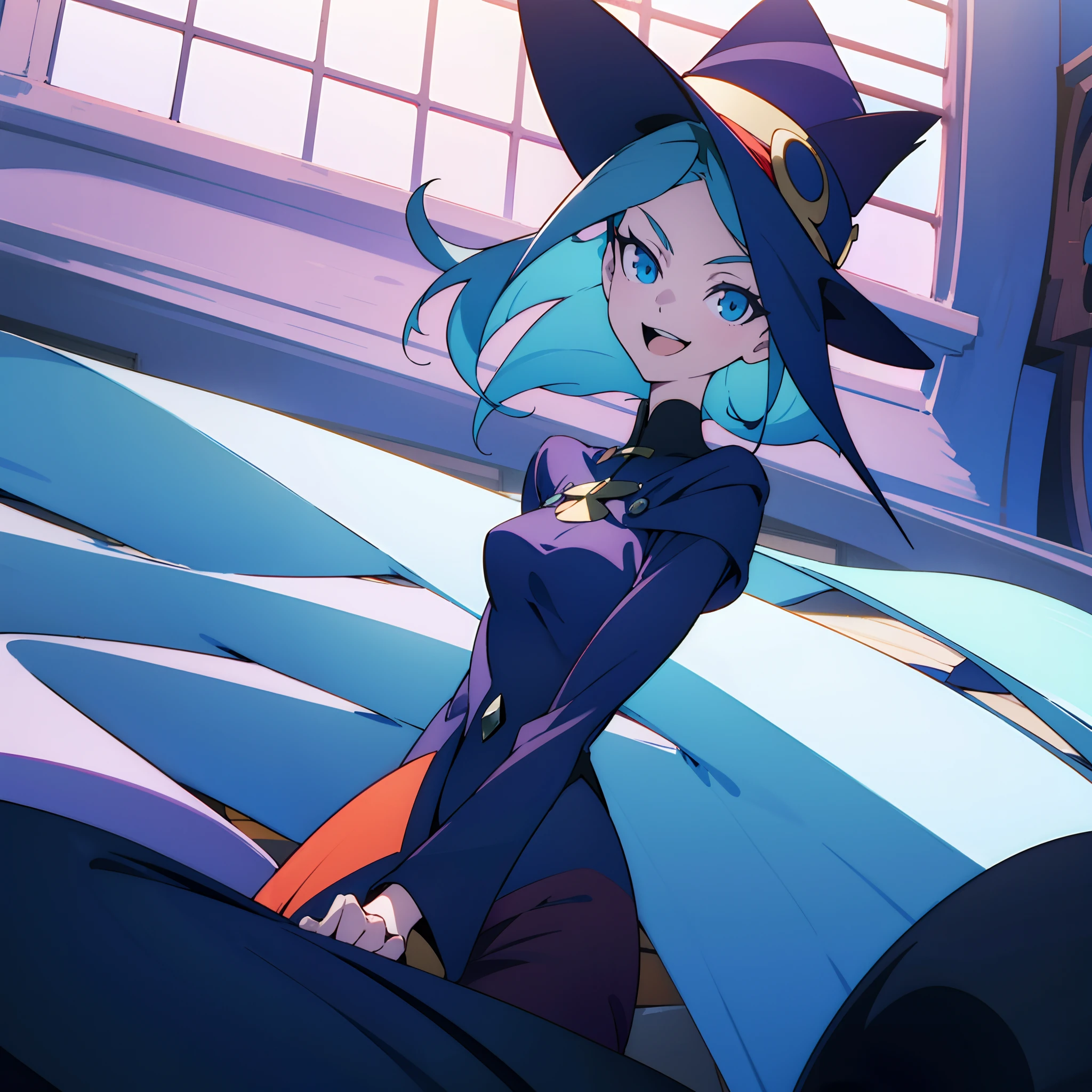 LWA masterpiece, best quality, 1girl  as witch, torso view, dutch angle, solo, blue eyes, looking at viewer, witch hat, cat,  open mouth, smile, two-tone hair,indoors, anime coloring