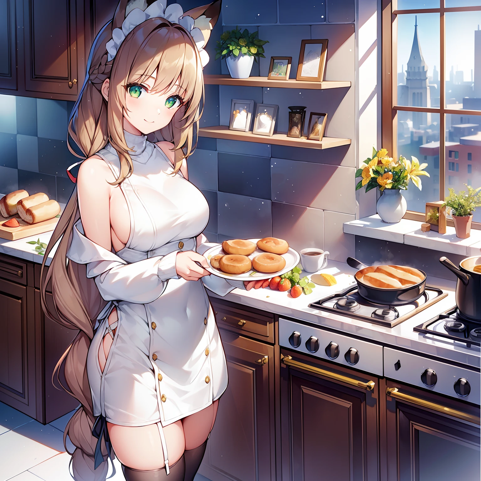 Masterpiece, Best quality, high resolution, 1girll, Solo, Oversized fox tail,(Long brown hair_Sideways French braided hair),Green eyes,Small flower headdress, (Wife of 26 years),Mature female figure, D cup,Modern architecture,Wife in open kitchen at home,Cooking while standing,Breakfast was cooked_Hold a plate of breakfast,Wearing a white sexy sweater dress_Exposed lateral chest,Wears black over-the-knee stockings,Look from the top,ssmile,Morning_The view from the window,