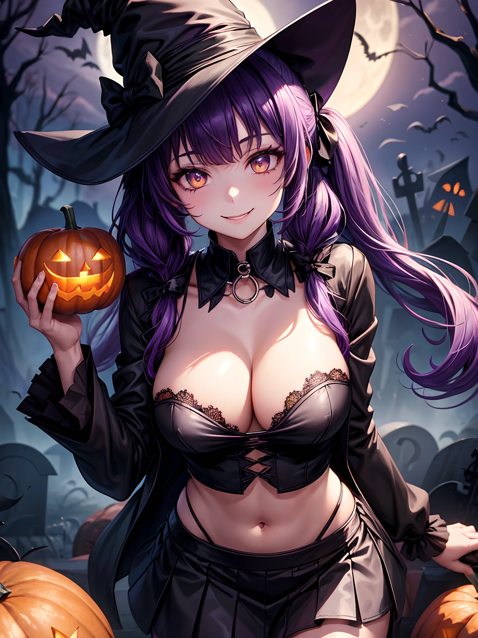 1girl, solo, halloween, night, fog, moon, spooky, manson, pumpkins, graveyard, black witch hat, broom, long hair, purple hair, twintail, large breasts, cleavage, opened black jacket, purple bra, yellow eyes, skirt, smile, looking at the viewer