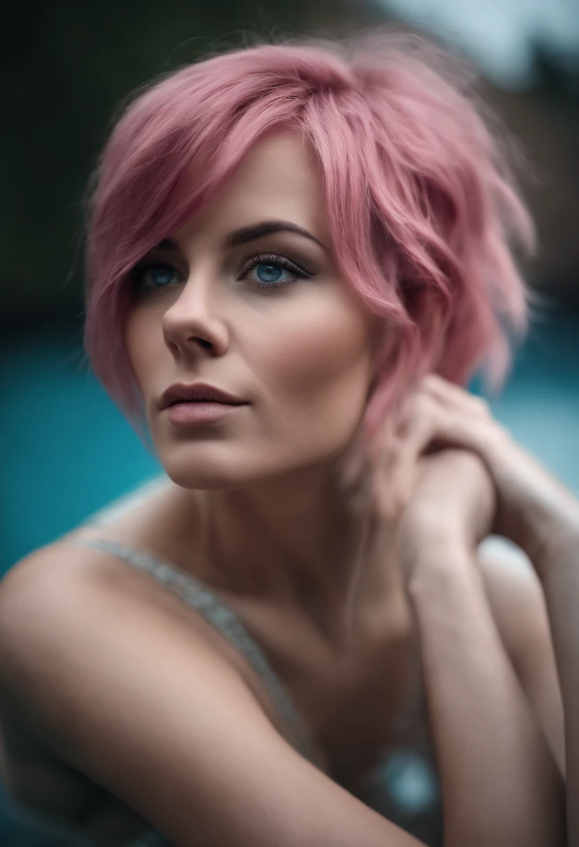 Pink hair, blue eyes, naked, very realistic, sexy poses