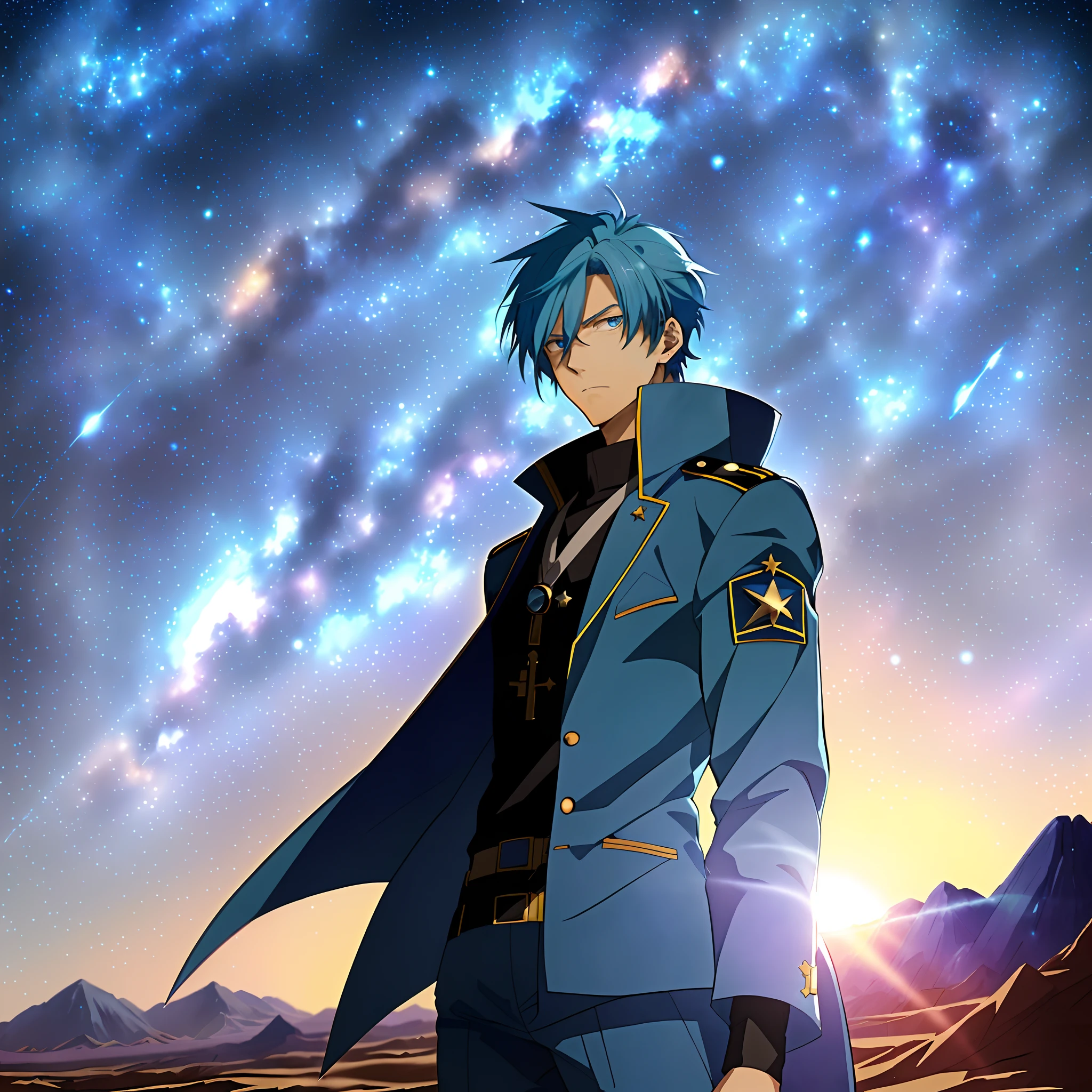 Anime - a stylistic image of a man with blue hair and a blue military uniform，Starry sky！Starlight，Starry sky，Desert at night，Key anime art，Tall anime guy with blue eyes，official anime still，Urano，key anime visuals，on a galaxy looking background，Starry sky，2 d anime style