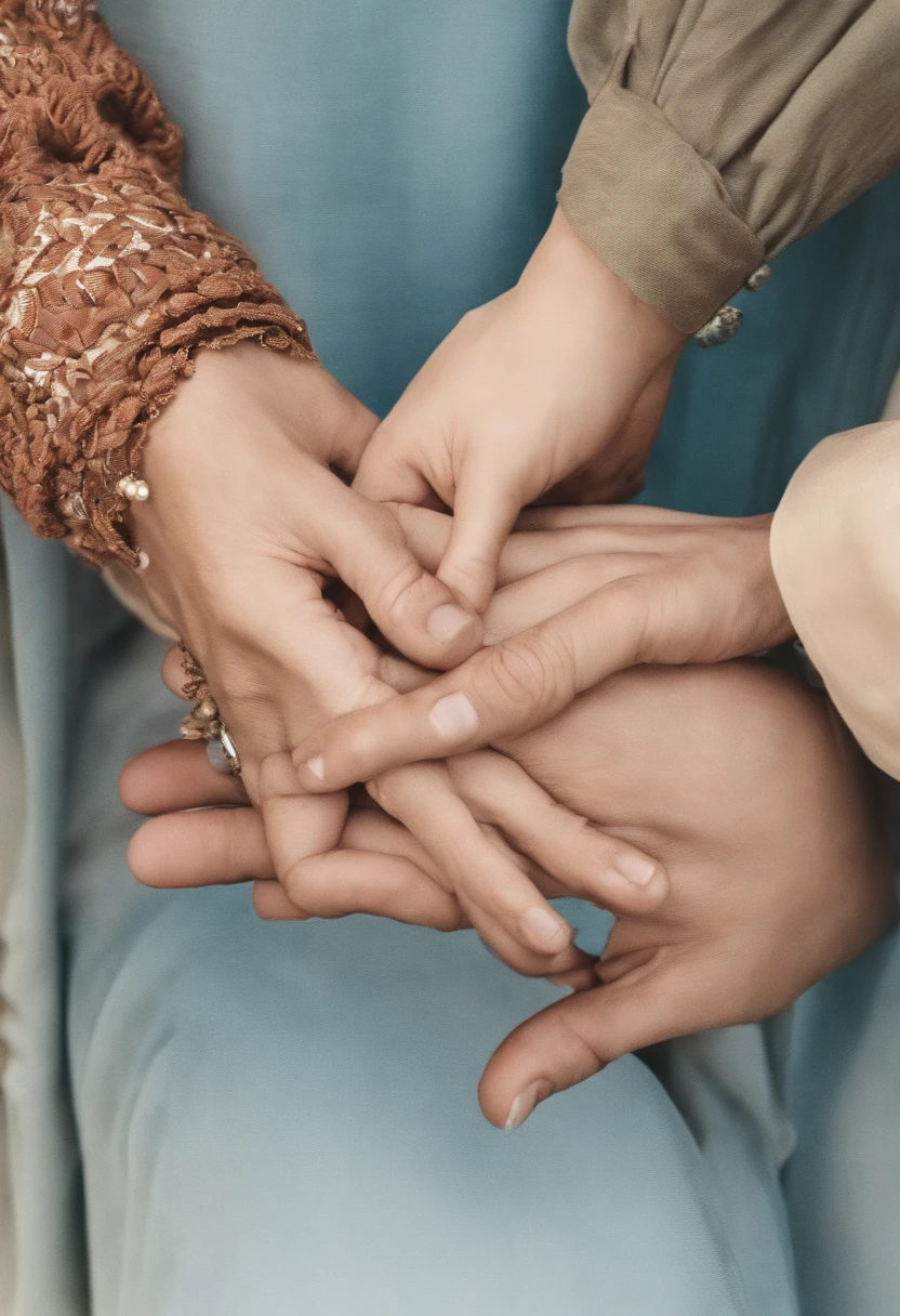 A closeup of a person holding a person's hand, holding each other's hands, holding hands, offering hands, hands pressed together in an arc, through holding one hand, comforting, Blessing hands, reaching out one to the other, single pair of hands, Hands folded, compassionate, reassuring, comforting and familiar, hands protecting the face, emotionally moving, coherent hands, Touching