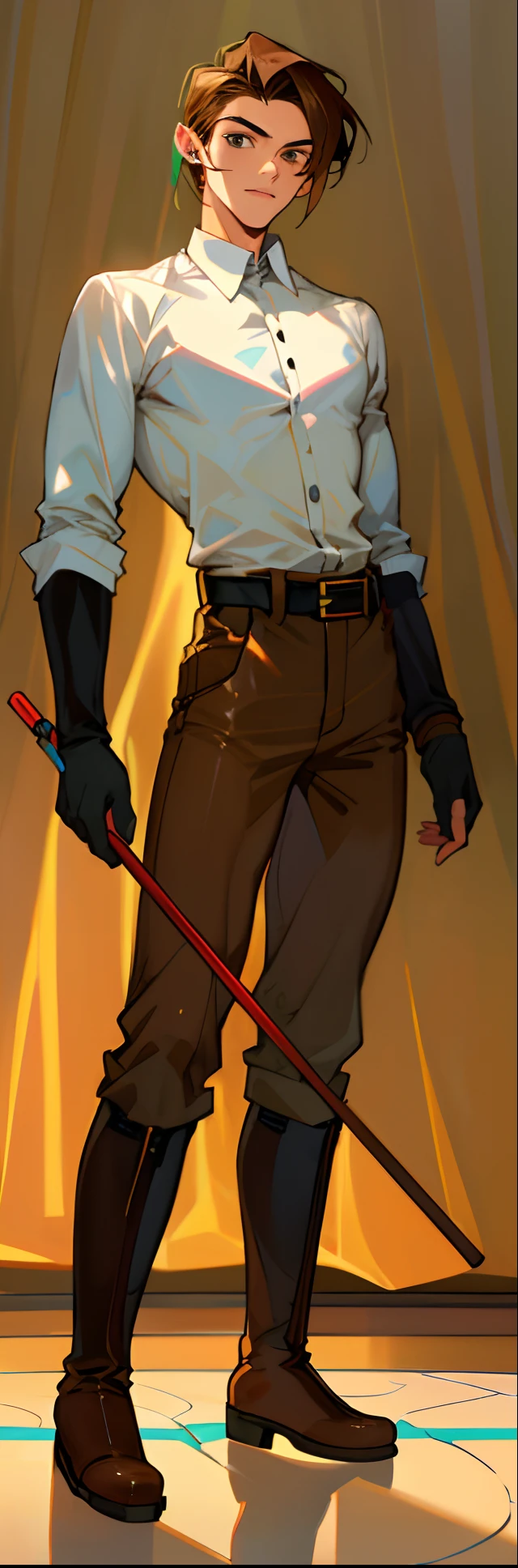 (highest resolution, distinct_image) best quality, a man, solo, masterpiece, highly detailed, semi realistic, brown hair, bangs, (23 years old:1.4), mature, tall strong,paladin,(luxury hotel room background:1.2), cold, serious, tall, handsome, powerful, demi-god, exquisite facial features, (full body)(combat_boots:1.4)(dark pants:1.3),( gloves:1.5)(long sleeves),solo,(looking at viewer),(from below:1.1)(head turned upwards:0.3)(smiling:0.4)(holding riding crop:1.2)(muscular:1.2),(black belt), (shirt tucked in pants),(standing on ground), (marble floor)(mean:0.4)(seductive:0.5)(evil:0.9),detailed,(abs:0.9)(bdsm Equipment),(Link:1.3),Warrior,knight,(white button-up shirt)