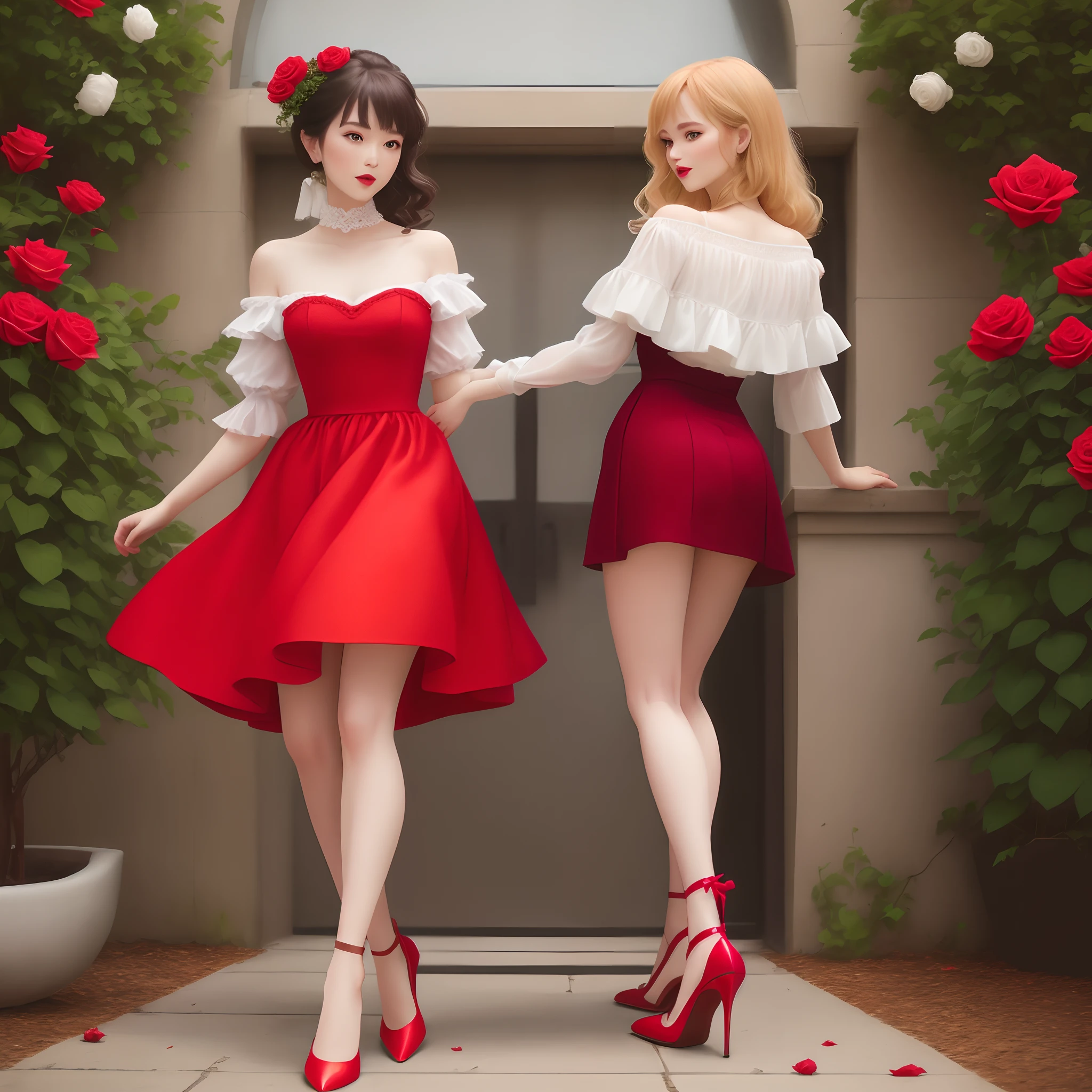 Bright red heels trampling on roses