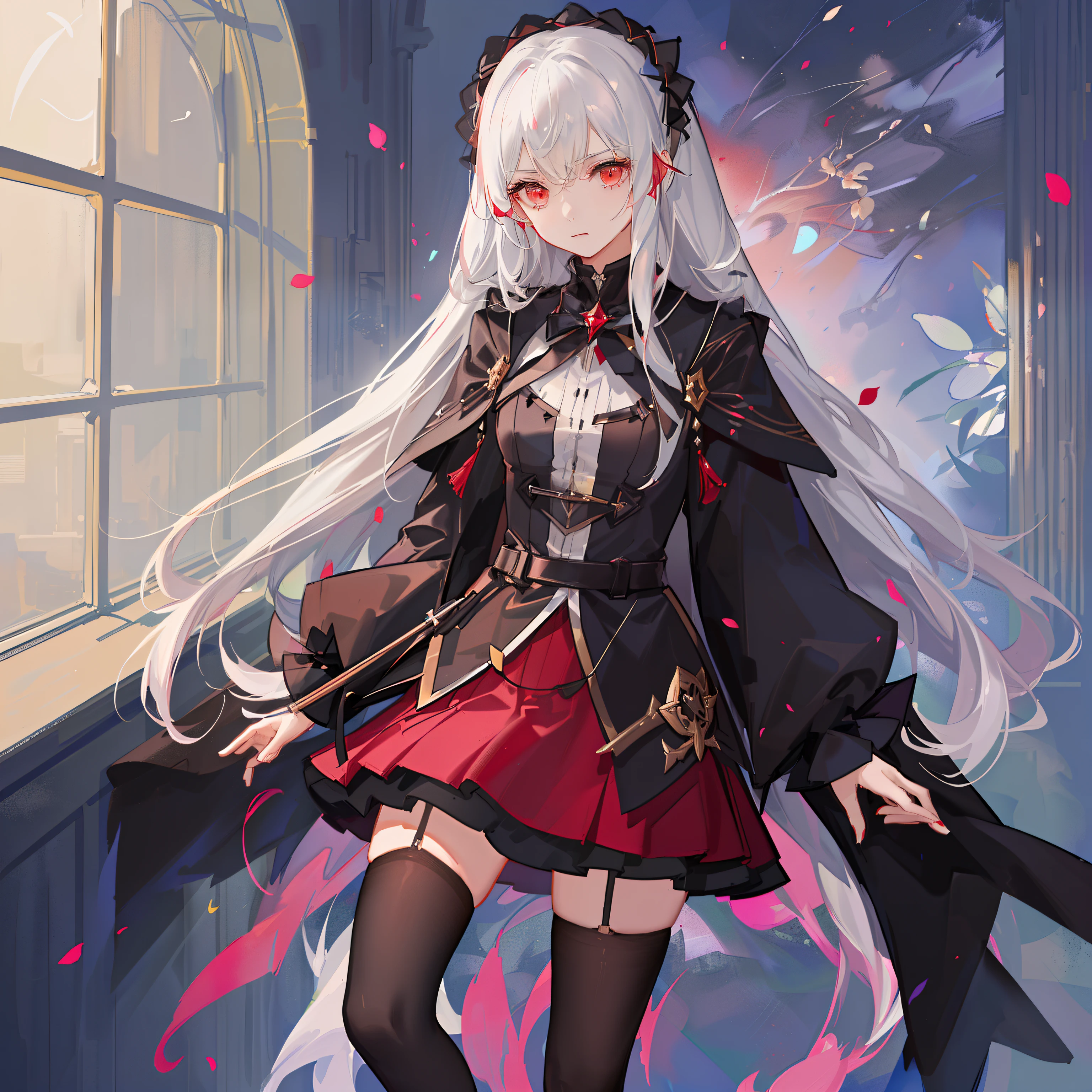 s girl,black lence stockings,cloaks,short skirt,magical girl outfit,Euphorbia,red color eyes,long white hair,full bodyesbian,a somber look,