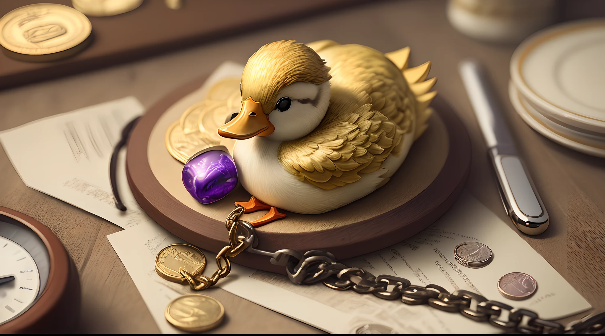 Duck with iPhone with gold chain surrounded by money realism