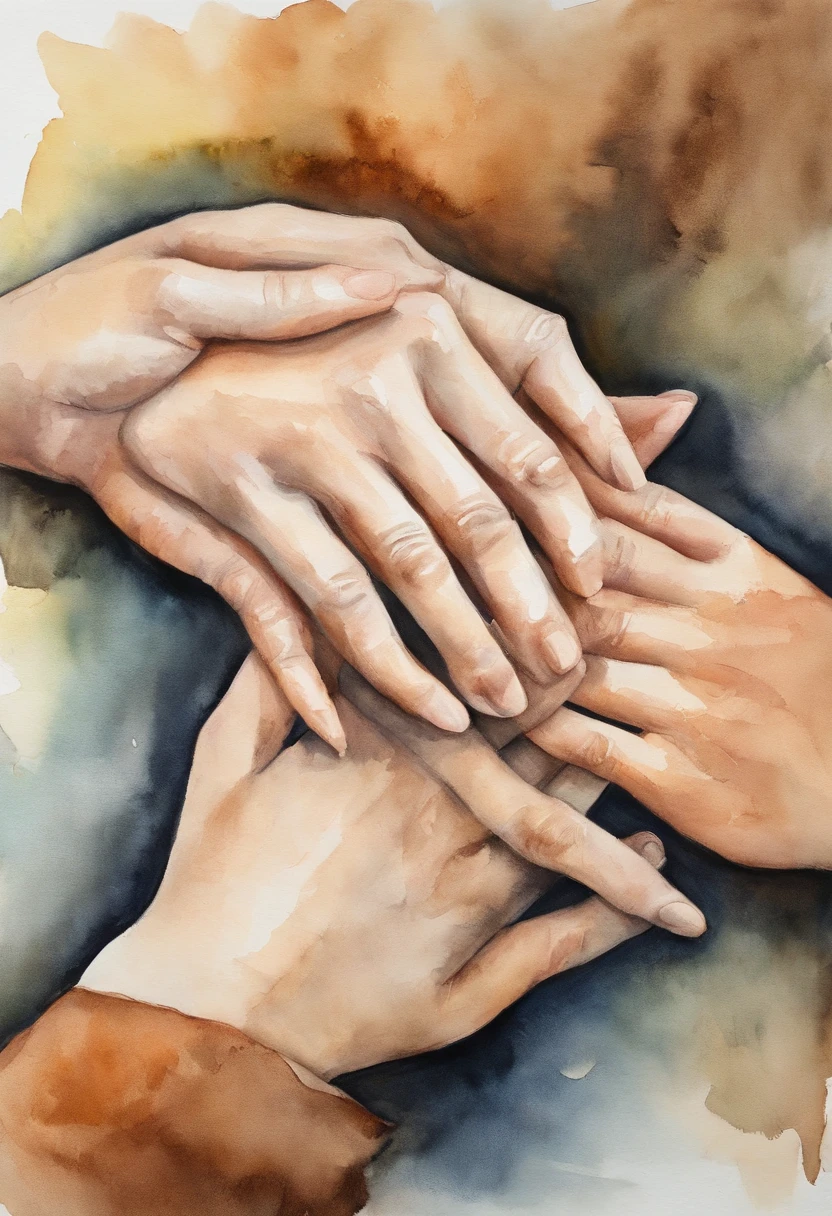 A closeup of a person holding a person's hand, holding each other's hands, holding hands, offering hands, hands pressed together in an arc, through holding one hand, comforting, Blessing hands, reaching out one to the other, single pair of hands, Hands folded, compassionate, reassuring, comforting and familiar, hands protecting the face, emotionally moving, coherent hands, Touching