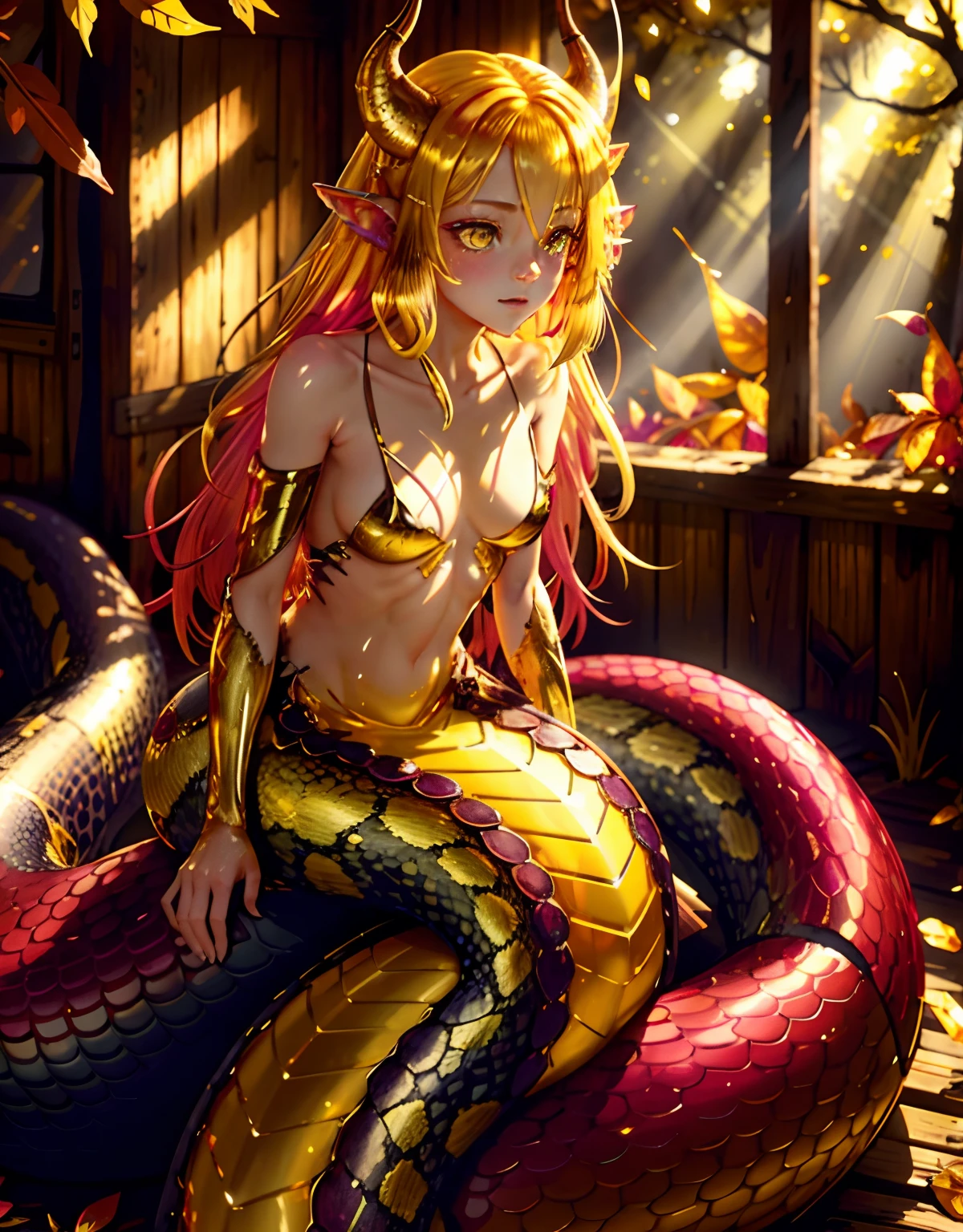 detailed snake skin, (Adult ), solo focus, (lamia), stoic, monster girl, (short horns), beautiful eyes, beautiful background, abandoned cabin, forest, light particles, sun rays, dramatic lighting, outside, grass, leaves, shiny (yellow, ruby, gold gradient:1.5), realistic, masterpiece, best quality, ultra-detailed, detailed, scenery, beautiful detailed eyes, detailed blonde hair