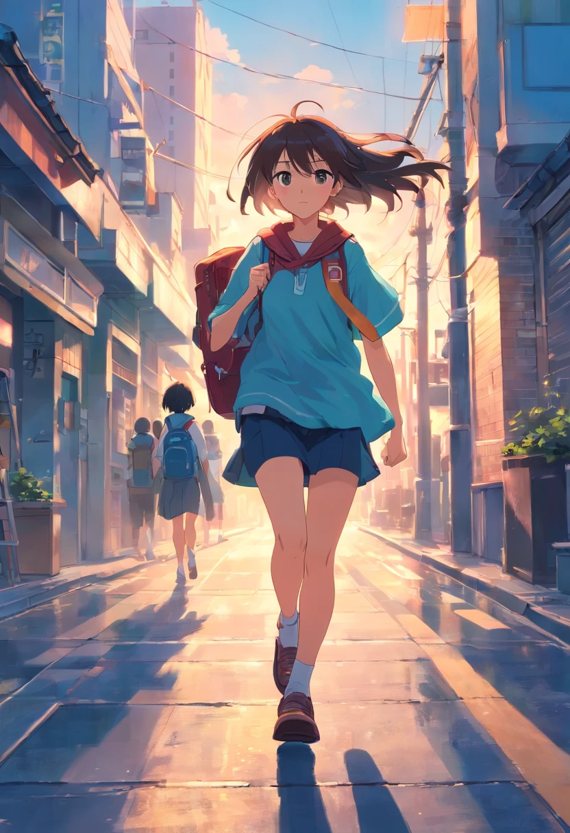 ​masterpiece、top-quality、Movie stills、1girl、run　sideways Facing　full bodyesbian　校服　pupils　hi-school girl　Long hair　School Bag　Makoto