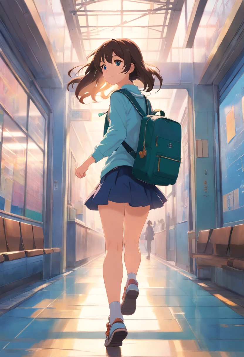 masterpiece、top-quality、Movie stills、1girl、run sideways Facing full bodyesbian 校服 pupils hi-school girl Long hair School Bag Makoto
