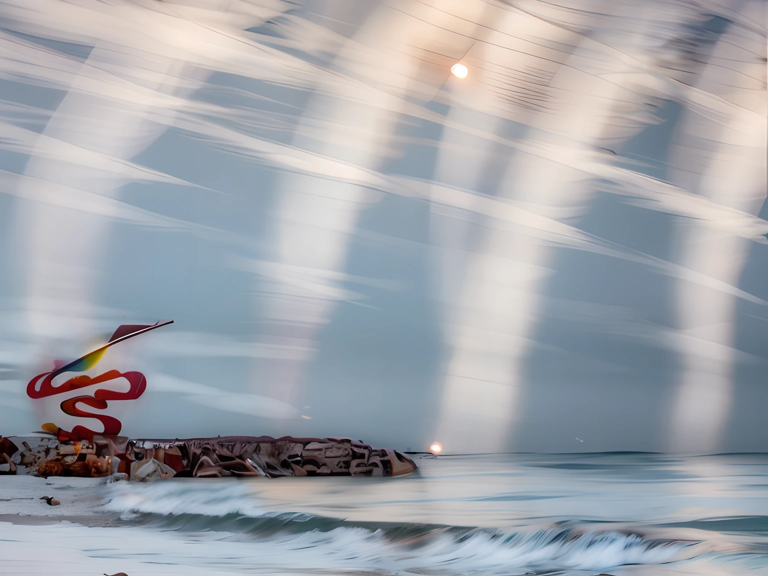 Monumento vermelho, arte moderna, Mar com ondas ao fundo. rainbow in the sky, ondas grandes no mar, obra prima premiada