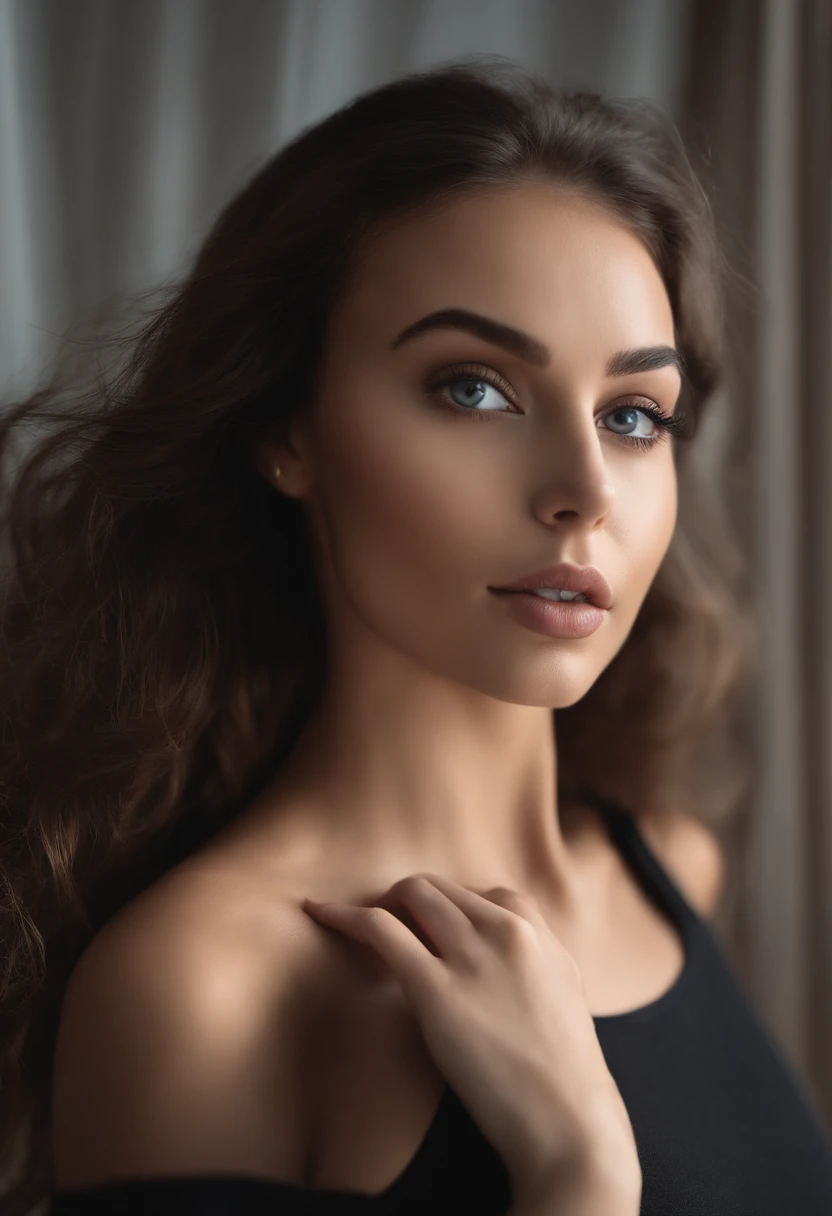Arafed woman with black clothes, fille sexy aux yeux bleu, Portrait Sophie Mudd, cheveux bruns et grands yeux, selfie of a young woman, Yeux de chambre, Violet Myers, sans maquillage, maquillage naturel, looking straight at camera, Visage avec Artgram, Maquillage subtil, Superbe photo du corps entier, dans la chambre, clivage