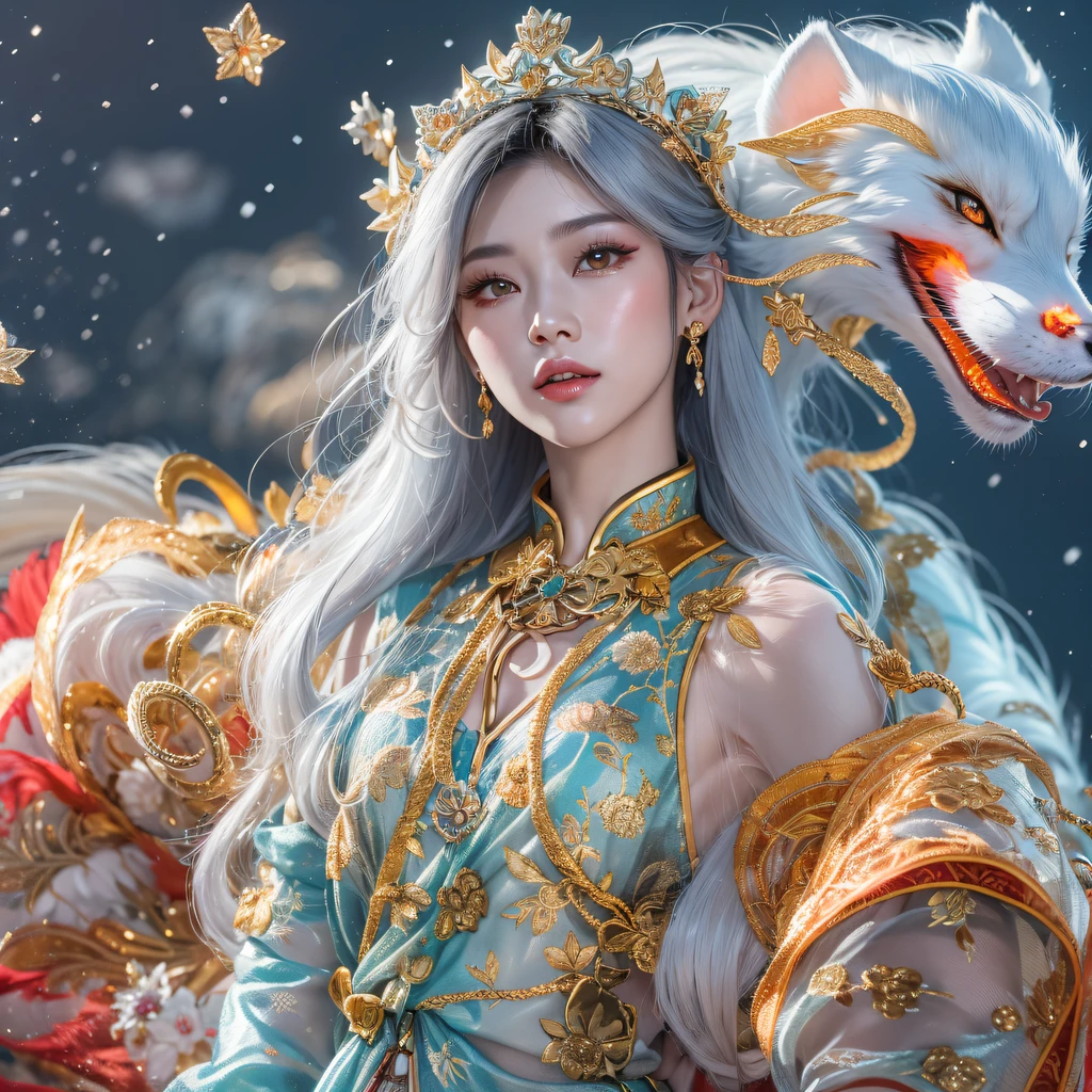 Flying Nine-Tailed Light Blue Sky Division Flame Long-haired Fox Star,een Erotica,Torch night black golden orange brocade silk snake print silk pants,Rouge diamond tulle sheer lizard-patterned leggings,Fat Girl Space Fly in the Snow 1:900 miniatures,Front view,Pure transparency,Wear boxing gloves,Wear thick-framed reflective sunglasses with gold wire,Panorama ultra-wide angle,extremely happy,The texture of the real person is delicate,Strong visual impact,hyper-detailing,Dream girl,Refined face,prettyeyes,Hair strands float in the air, cherry Models,Zhou Xiaotong,crystal-clear,Good sense of perspective,Light and shadow effects,16K smooth,Surface reflected light