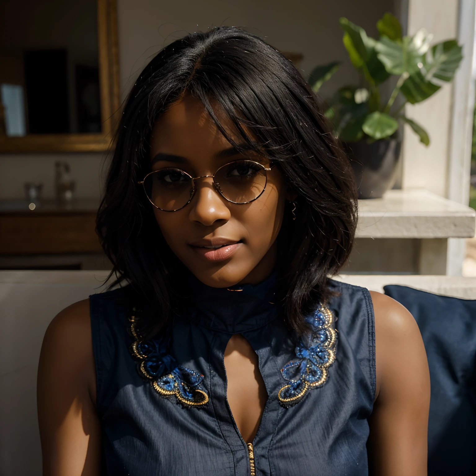 Mannequin, Best quality, A dark-skinned black woman wearing a well-detailed designer African translation fabric dress with intricate sunglasses with blue jeans at a birthday party, Coupe de cheveux afro angulaire, taille, sourire, dent, insane ultra hires, extreme intricate details, tooth gap, cul rond, gros nez, (nez plein:1.3), ombre faciale HDR, natural lighting, pose dynamique, Hyperrealistic, realistic lighting, Concentration difficile, high contrast, Perspective dramatique