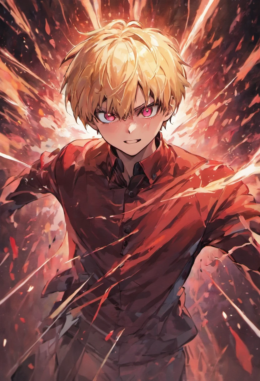 Saitama is extremely handsome with deep red eyes standing straight in front of a dark neutral background. His short red and yellow hair is neatly cut, creating a perfect image for his angular face. With a confident and decisive attitude, he shines with golden light, making him truly majestic.