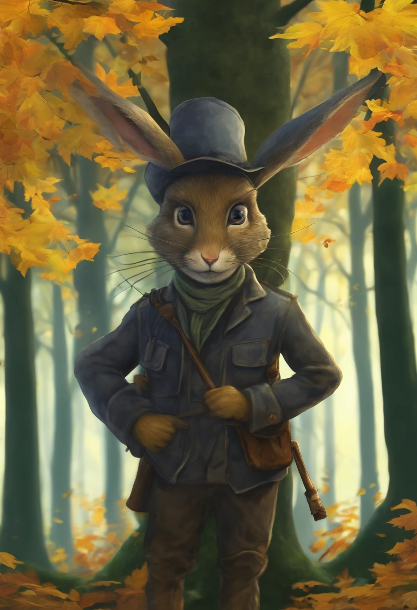 A rabbit carrying binoculars stands on the path between autumn leaves,
(Telescope hanging around neck: 1.37), (Green camping hat, carrying green backpack, shovel, camping equipment, compass,) (Curious exploration expression: 1.37), exaggerated expression, long fur, green bright big eyes, rabbit wearing fashionable green adventure clothes, green shorts, red hiking boots on feet, cute ears
Comic style, cartoon style 4D, Fox, centered, three point system,
Add a little background: dark yellow leafy forest trails, dark yellow forests, autumn forests, night lighting fog, in red dreams, really beautiful forests, beautiful forests, beautiful hazy wood, blue sunshade spray, breathable beautiful trees, breathtaking beautiful trees, yellow fog, beautiful forests and trees, bright but dark blue, dark yellow trees,
3D rendering {{Masterpiece}}, {{Best Quality}}, {{Super Detail}}, {{Illustrator}}}, Character Concept Art, Game Scene Maps, Clear Facial Features, Close-up Photos, Photography, Masterpiece, Architectural Visualization/Effects, Underlay, Corona Rendering, Octane Rendering, V-Ray, High Detail Texture, Ultra High Quality, High Resolution, Popular on Art Stations, Surrealism, Surrealism, HD, 8K Axis Shift, Long Projection, Split Lighting,