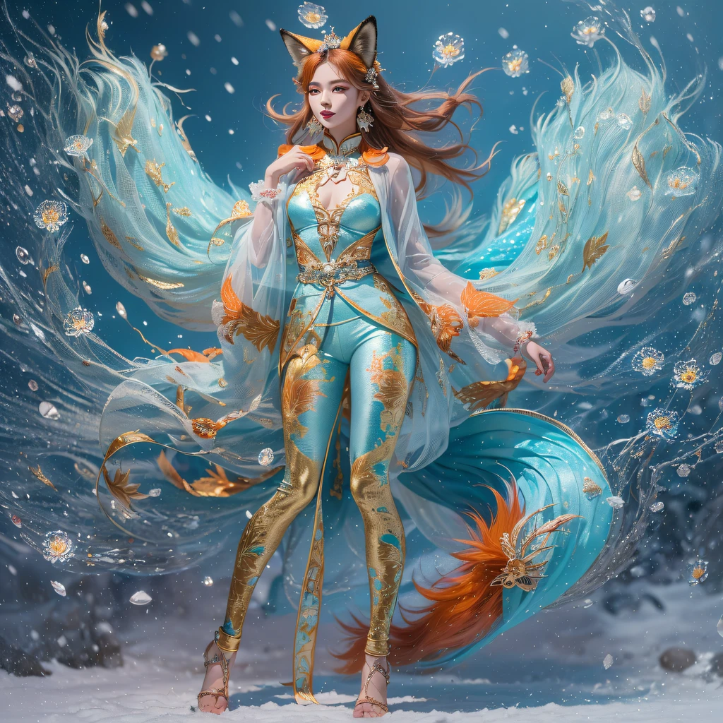 Flying Nine-Tailed Light Blue Sky Division Flame Long-haired Fox Star,een Erotica,Torch night black golden orange brocade silk snake print silk pants,Rouge diamond tulle sheer lizard-patterned leggings,Fat Girl Space Fly in the Snow 1:900 miniatures,Front view,Pure transparency,Wear boxing gloves,Wear thick-framed reflective sunglasses with gold wire,Panorama ultra-wide angle,extremely happy,The texture of the real person is delicate,Strong visual impact,hyper-detailing,Dream girl,Refined face,prettyeyes,Hair strands float in the air, cherry Models,Zhou Xiaotong,crystal-clear,Good sense of perspective,Light and shadow effects,16K smooth,Surface reflected light