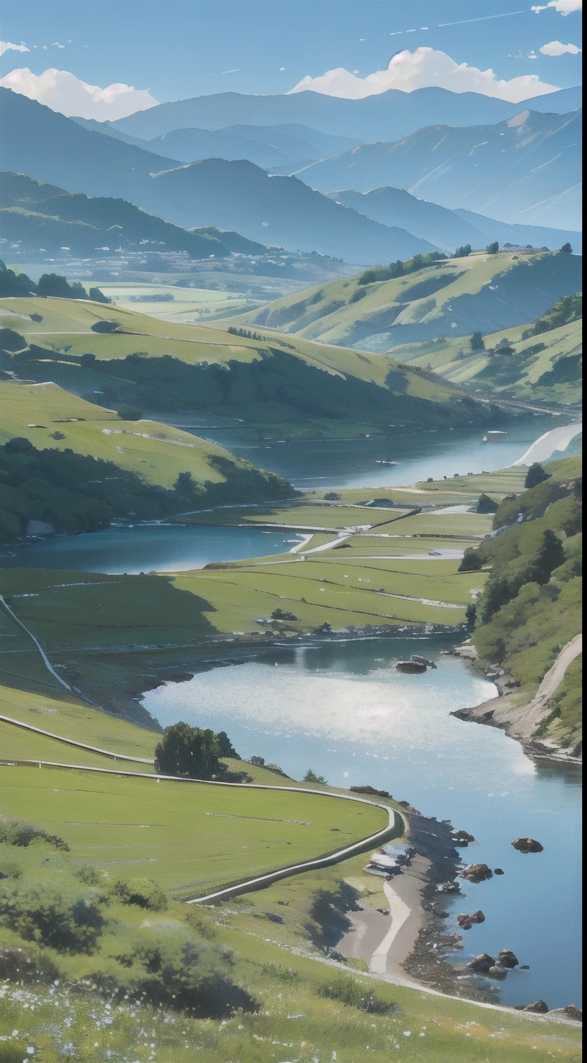 Distant scenery,Green mountains,clear blue skies,Flocks of birds fly in the sky,There are butterflies everywhere,Small river around,tussock,There are flowers on the ground,a warm color palette