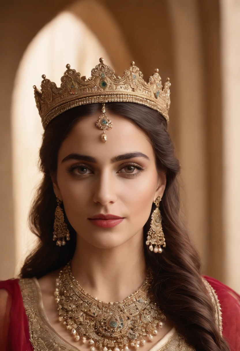 Queen Esther of Persia, with a crown on her head, (Hebrew character א on the bead pendant), corpo suado, sorridente, Etnia Judia, Empire of Syria in the background, master part, melhor qualidade, (Rosto detalhado, Textura detalhada da pele, corpo ultra-detalhado), Realistic, 24 mm, Texturas 4k, DSLR, HDR, Melhor 8K, detalhes insanos, detalhes intrincados, hiperdetalhado, hiper qualidade, grande detalhe, ultra-detalhado, soft Cinematic Light