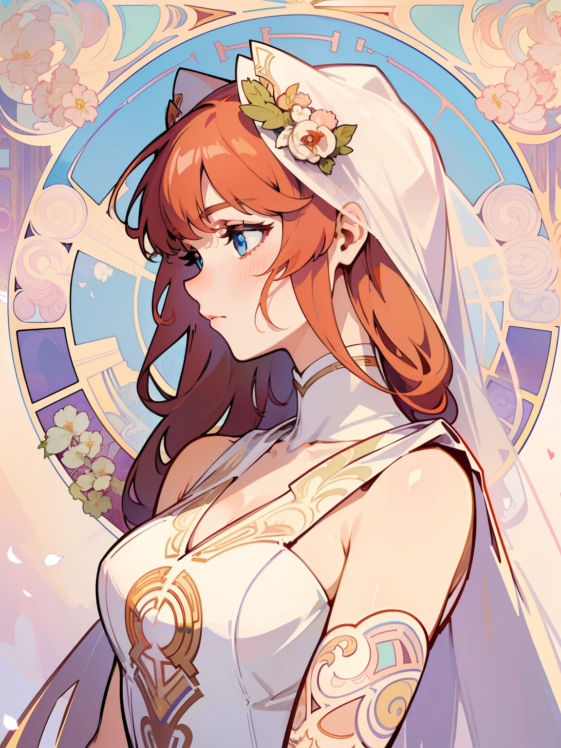 Art Nouveau Style, poster in a theater, (((art by alphonse mucha))), upper body, blush, profile ,(masterpiece, finely detailed beautiful eyes: 1.2), 1girl, solo, beautiful, small details, ultra detailed, best quality, intricate, sharp, digital illustration,1girl, Anime girl with long hair, anime moe art style, Anime visuals of cute girls, Anime Best Girl, itsuki nakano fanart, pretty anime girl, Smooth Anime CG Art, Seductive Anime Girl, charming anime girls, Cute anime girl, Shining eyes, big boobs, red hair, blue eyes, (((white wedding dress dress)))
