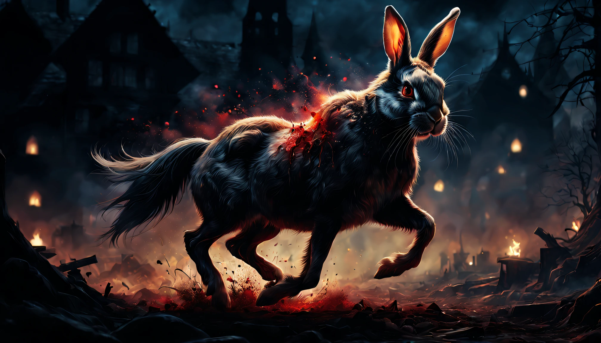 Wide shot, Best quality, High-res, centered image, Portrait of a rabbit on a horse, Scary, Horror, Full body shot, Night, Photoreal, Background: Chaotic environment, Photorealistic, Bloodborne, Glowing eyes, dark magic splash, Gothic, Charred Sephia gradient, magic, Nature, Clean background, Magic splash, 3D vector art, Fantasy art, Watercolor effect, Bokeh, Adobe illustrator, Hand-drawn, Digital painting, Soft lighting, Isometric style, retro aesthetic, 4K 分辨率, using Cinema 4D, Natural lighting, Cinematic, Masterpiece, Highly detailed, Intricate, Ultimate texture, Horror, Terry Farsin, Creepy, Scary, art  stations, Epic, high detal