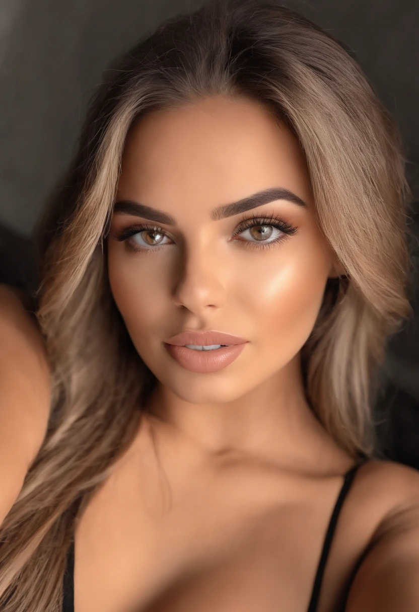Arafed Hispanic Woman Totally , Menina casual com olhos castanhos, ultra realistic, meticulosamente detalhado, Retrato Sophie Mudd, cabelos castanhos e olhos grandes, selfie de uma jovem mulher, Olhos do quarto, Violeta Myers, sem maquiagem, maquiagem natural, Looking directly at the camera, Rosto com ArtGram, maquiagem sutil, impressionante tiro de corpo inteiro ajoelhado na cama, no quarto, medium to large bust
