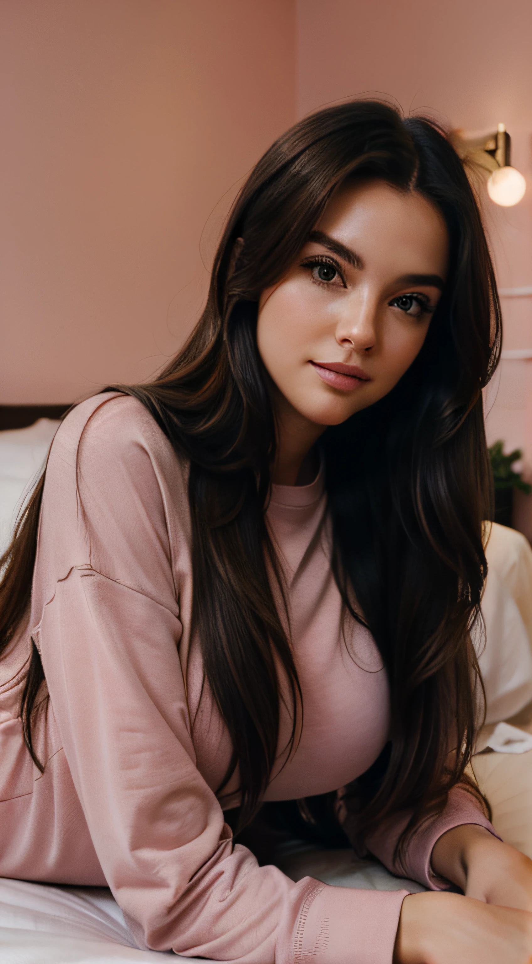 full body, long_hair, gorgeous, city girl, western, sweatpants, medium boobs under clothes, pink shirt cozy clothes, (masterpiece), best quality, bedroom, cozy light, in bed, blurry background, laying down