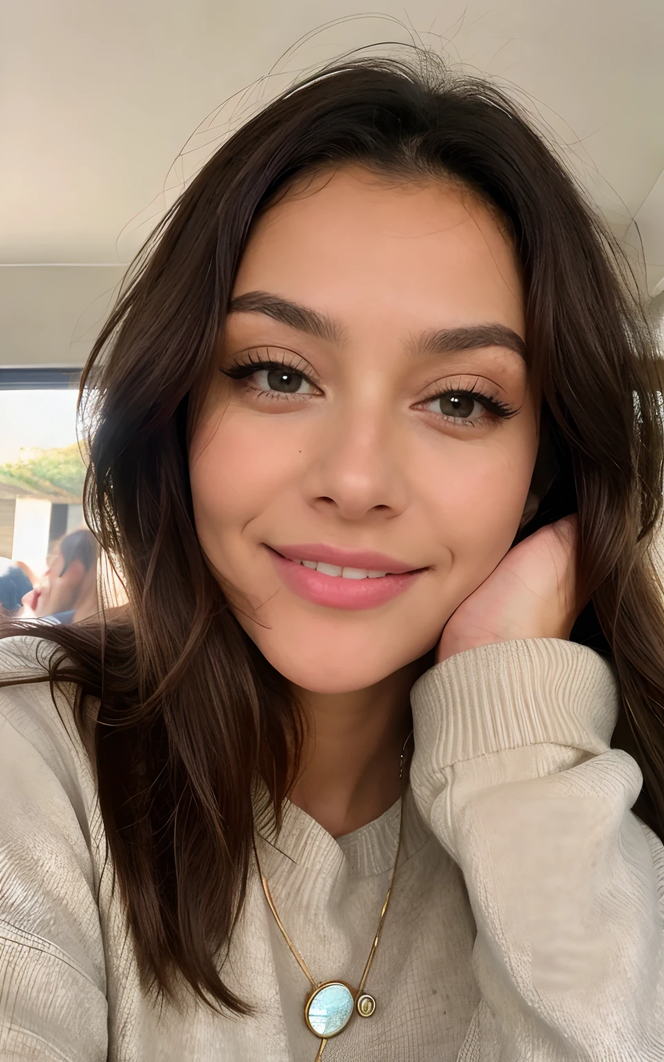 Beautiful brunette with blonde highlights wearing a beige sweater (in a café drinking soda), Very detailed, 22 anos, Rosto inocente, Mama 32D, usando um vestido preto, cabelos ondulados naturais, olhos preto, high resolution, master part, best quality, Alto detalhe intrincado, altamente detalhado, Crisp Focus, pele detalhada, textura de pele realista, textura, olhos detalhados, profissional, 4k, sorriso encantador, filmado na Canon, 85 millimeters, profundidade de campo rasa, Cor Kodak Vision, corpo de ajuste perfeito, extremamente detalhado, fotografia_\(Ultra\), photoreallistic, Realista, Post-processing, maximum details, rugosidade, vida real, Ultra realista, fotorrealismo, fotografia, 8k UHD, fotografia