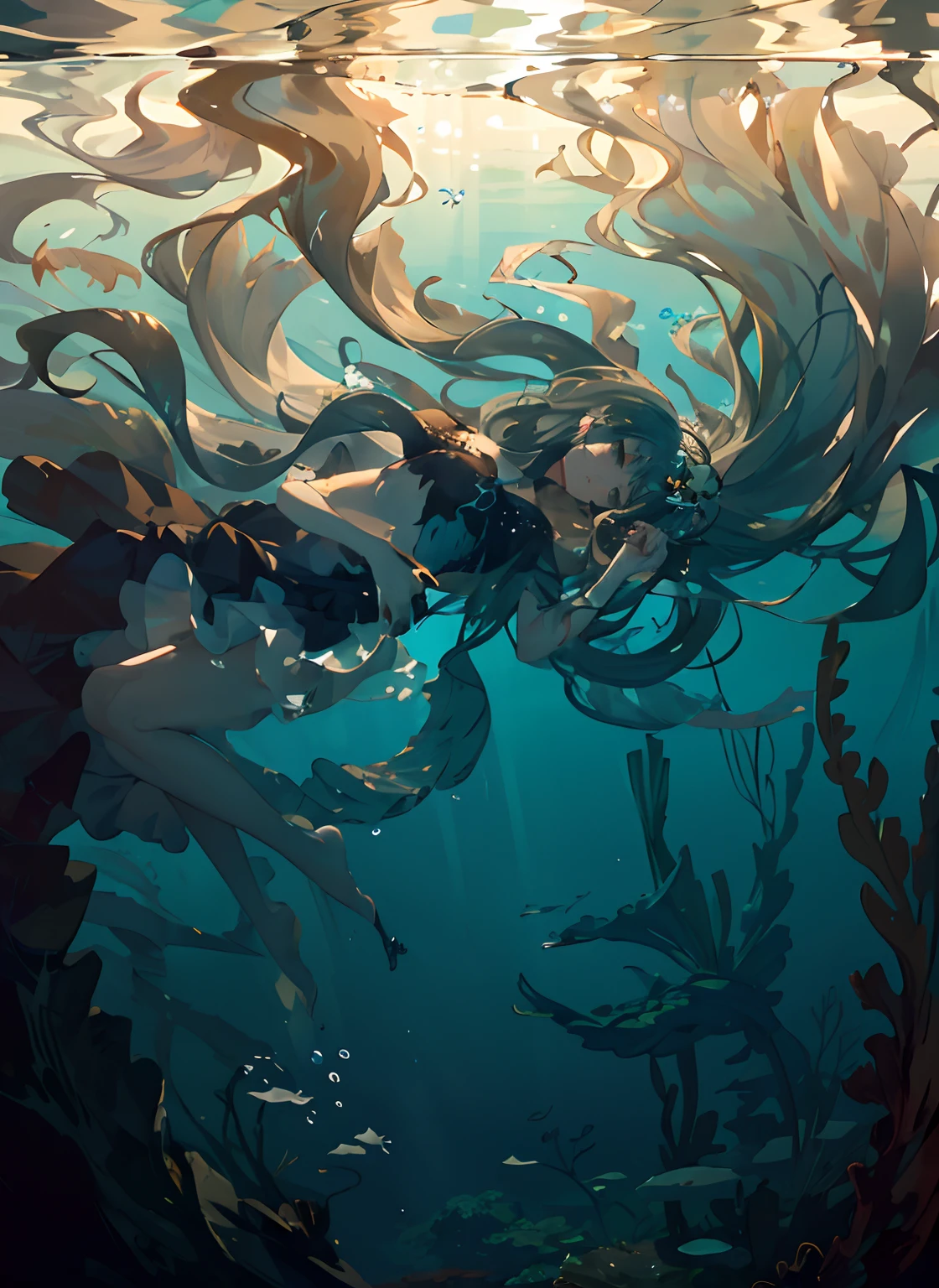 best quality,ultra-detailed,realistic,swimming, messy hair,flowing dress,sea of kelpweed,beautiful detailed eyes,beautiful detailed lips,underwater light,portrait,soft colors,long hair,ebony hair,curly hair,vivid greens,water reflections,graceful posture,natural environment,wet hair,breathing underwater,serene expression,sunlight through water,nature's beauty,romantic atmosphere,water movement,subtle waves,female figure,peaceful,ethereal,flowing fabric,natural beauty,gentle movement,stunning view,submerged in water,dreamlike,calm and serene,underwater world,undulating sea plants,moving with the current,water caressing the body,mysterious depths,swimming effortlessly