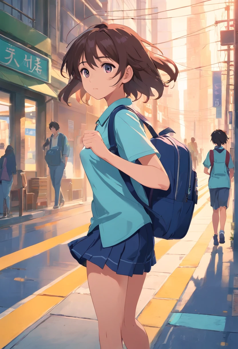 masterpiece、top-quality、Movie stills、1girl in、run sideways Facing full body Esbian 校服 pupils on hi-school girl Long hair School bag ((Makoto sideways Facing profile))